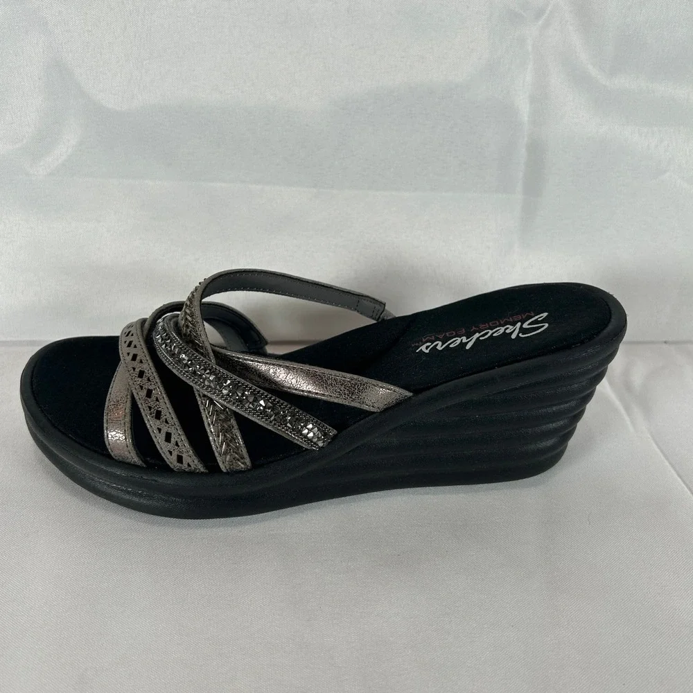 Skechers Rumblers Sci-Fi Wedge Sandals Pewter Metallic Strappy Rhinestone Size 7
